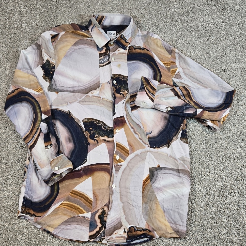 Zara Relaxed Fit Abstract Marble Effect Button Up Shirt Mens Size XL Long Sleeve